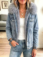 Women's Faux Fur Collar Patchwork Casual Loose Denim Jacket