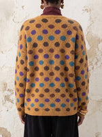 Loose-fit Knit Cardigan Featuring A Crew Neck, Contrasting Color Details, And Colorful Polka-dot Pockets