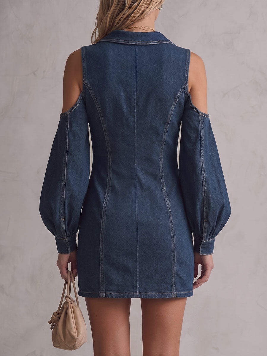 Women's Lapel Hollow-out Long-sleeved Casual Loose Denim Dress With Metal Perforations