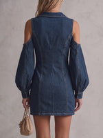 Women's Lapel Hollow-out Long-sleeved Casual Loose Denim Dress With Metal Perforations