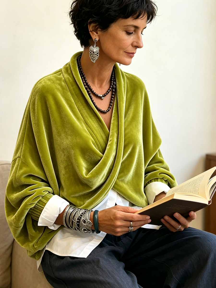 Cozy Relaxed Batwing Sleeves Crossover Velvet Top