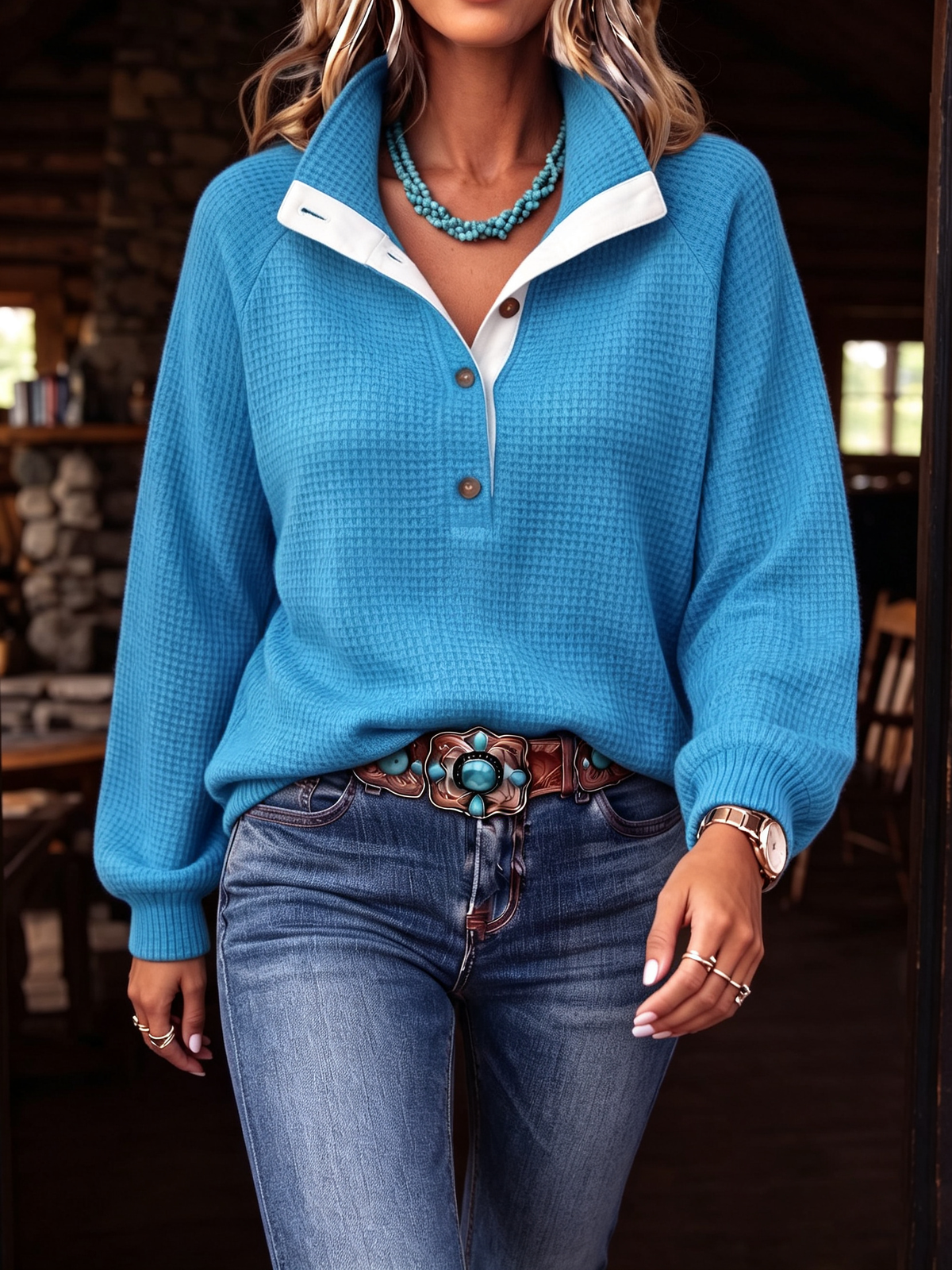 Casual Bohemian Stand-up Collar Waffle Pullover