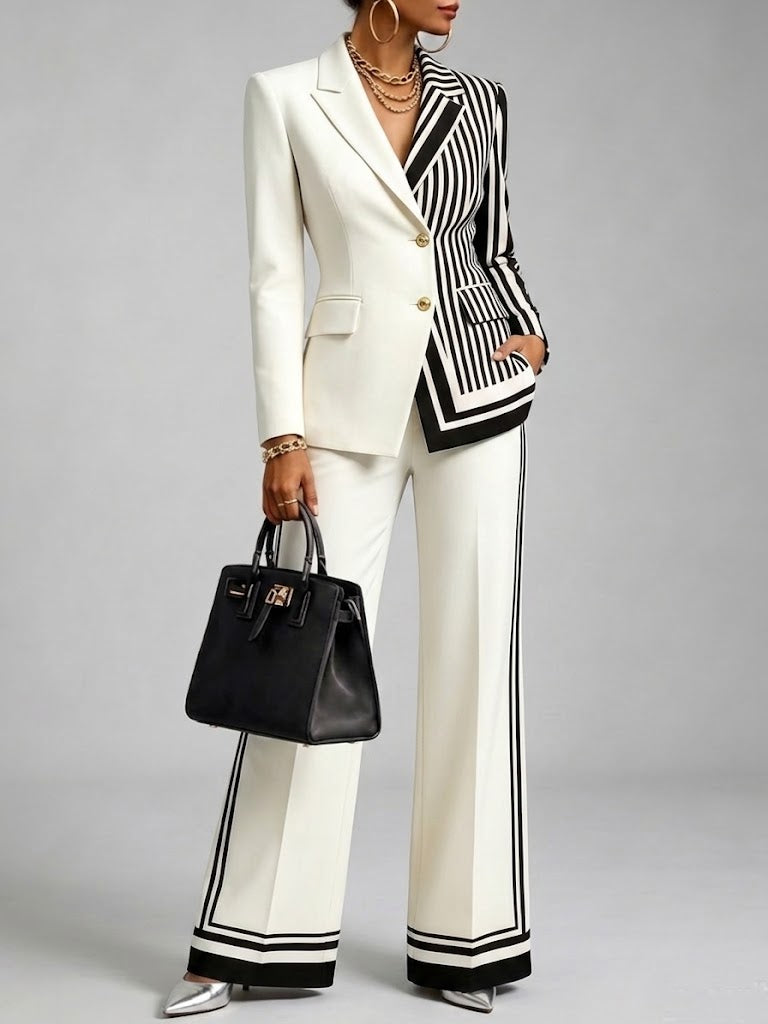 Chic And Sharp Color-blocked Striped Blazer And Trousers Two-piece Set