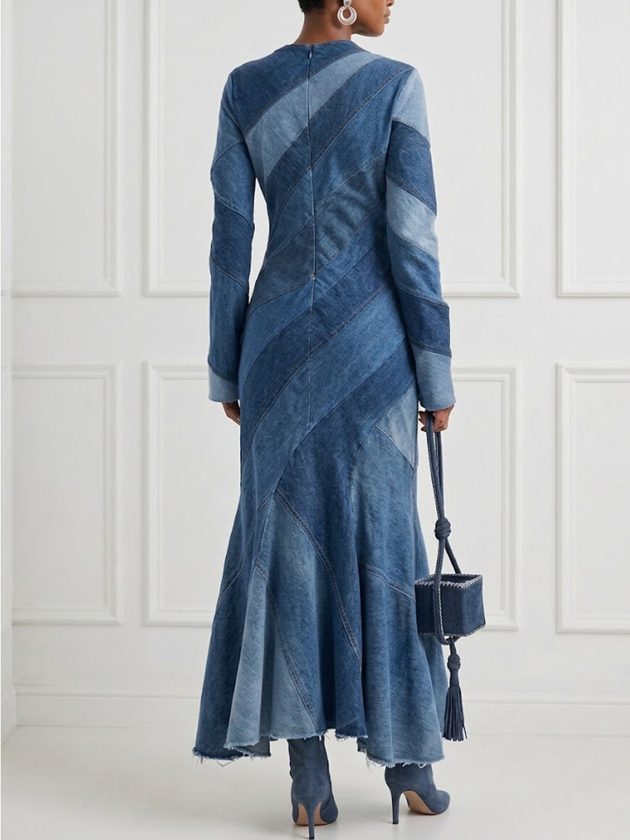 Bias-cut Patchwork Long-sleeve Denim Dress With Cut-out Details