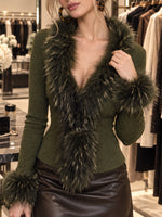Chic Faux-fur Trimmed Ribbed Knit Wrap Top