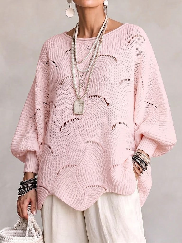 Hollow Wave Pattern Loose Lantern Sleeve Knit Top