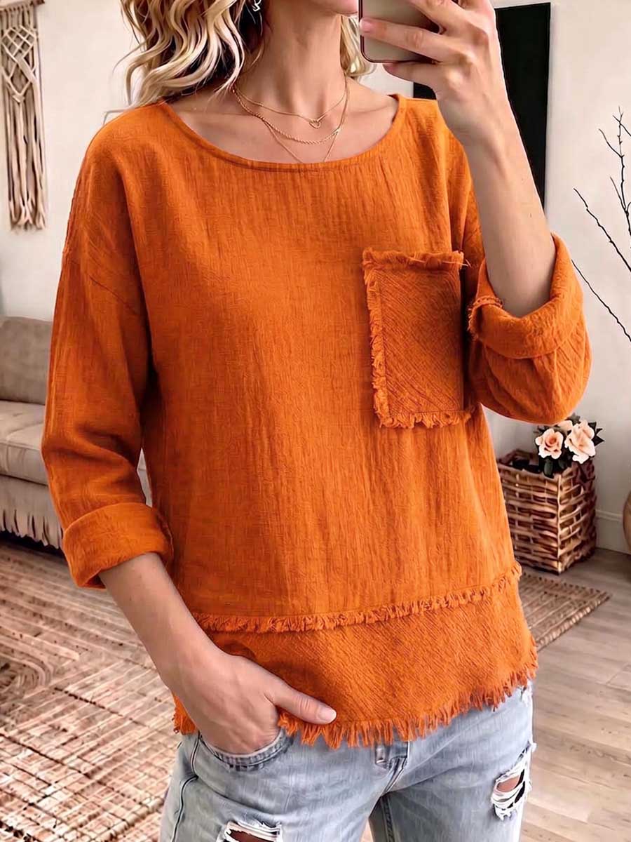 Women's Solid Color Crew Neck Long-sleeve Loose Casual Cotton-linen Top With Tassels
