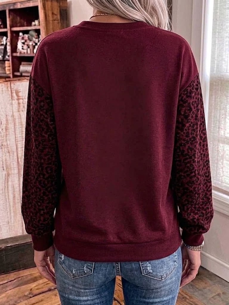 Halloween Ghost Print Leopard Patchwork Crewneck Sweatshirt