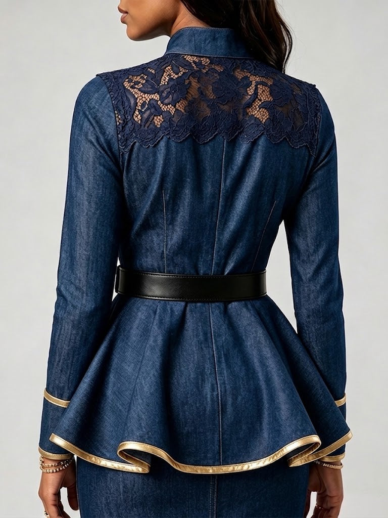 Stylish Casual Denim Shirt With Lace Paneling