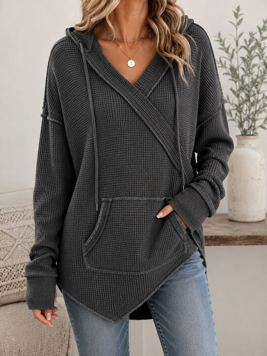 Casual Olive Green Waffle-Knit Crossover Hoodie