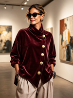 Elegant Asymmetrical Velvet Blouse With Gold Buttons