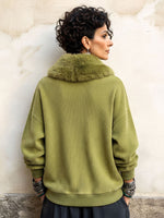 Casual Ribbed Corduroy Olive Green Top Sweatshirt