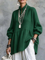 Women's Casual Green Knit Peplum Tunic Top with Lantern Sleeves