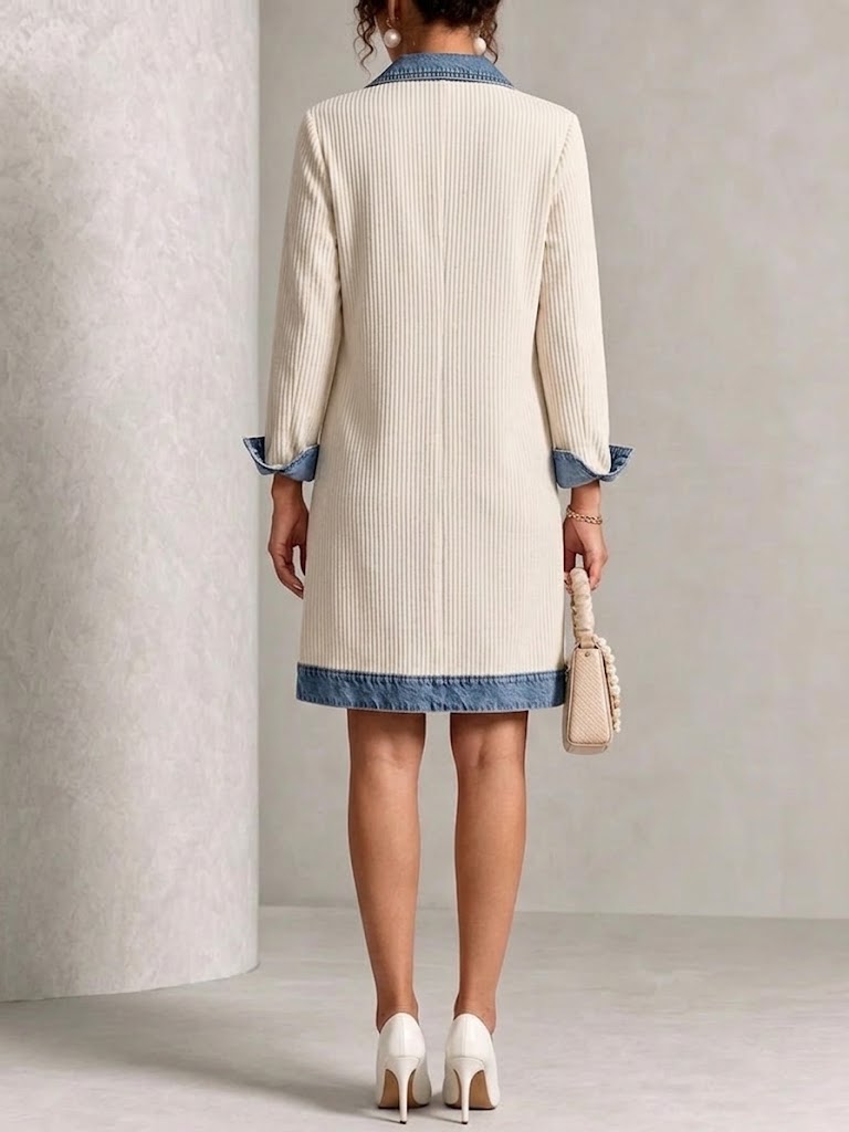 Denim-paneled Ribbed Knit Dress