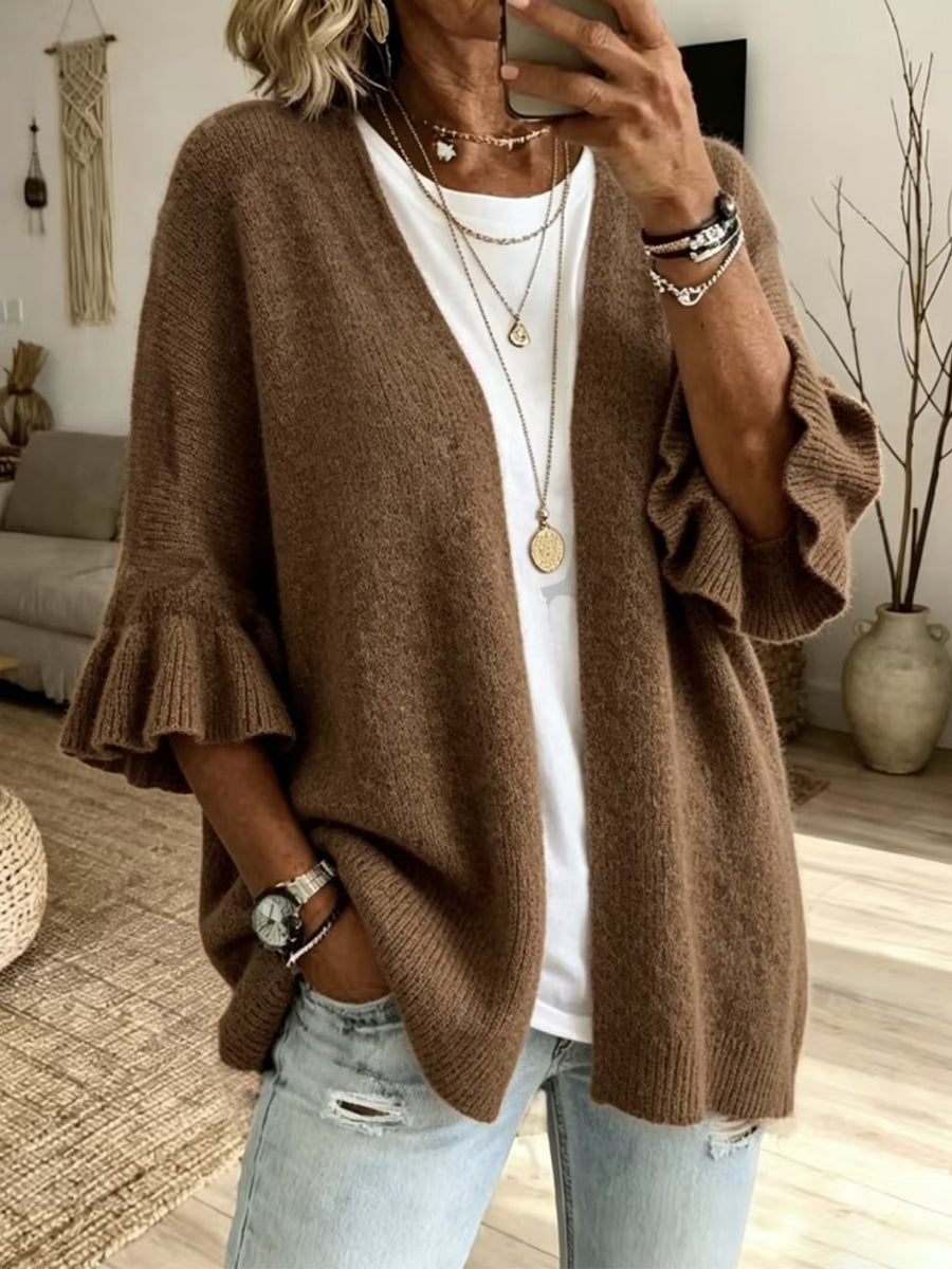Solid-color, Loose-fit, Casual Knit Cardigan With Three-quarter Sleeves