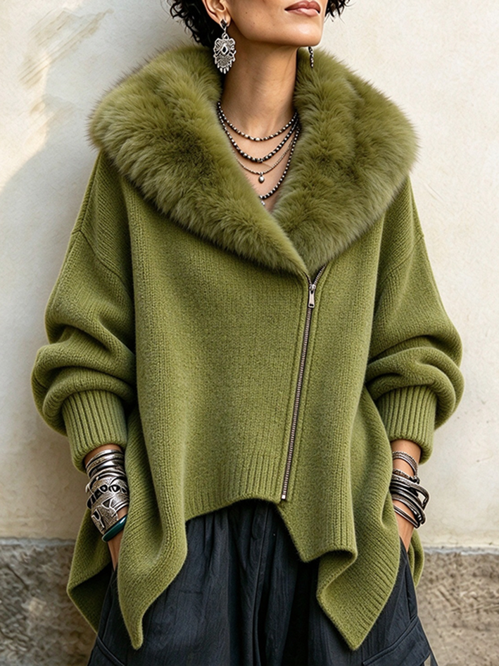 Casual Faux Fur Collar Asymmetrical Knit Coat