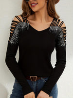 Women's Solid Color V-neck Hollowed-out Rhinestone Long-sleeved Casual Loose Top