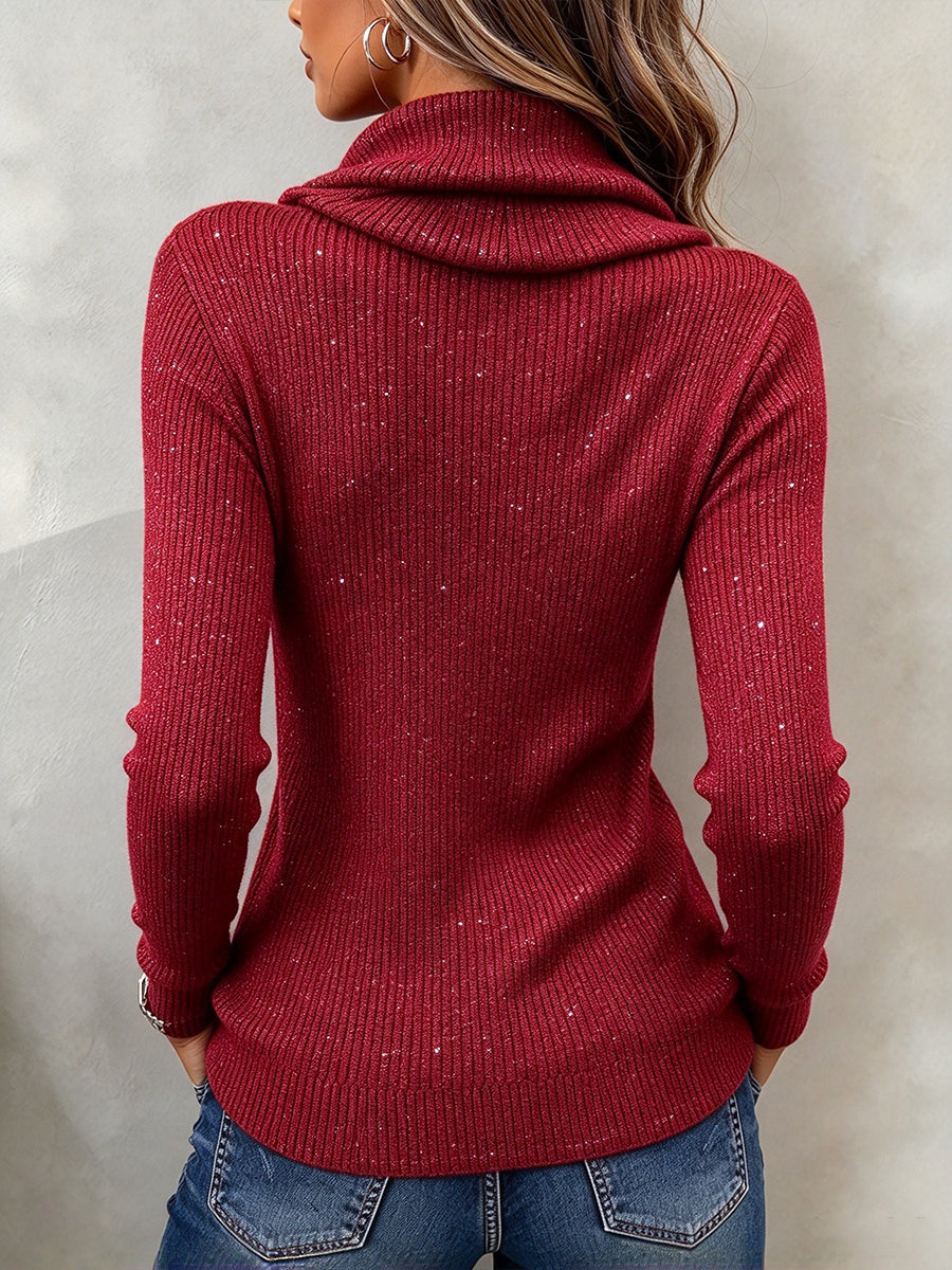 Sparkly Ribbed Knit Top With A Slouchy Turtleneck And Drawstring