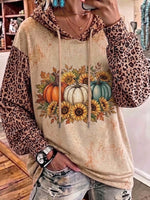 Halloween Pumpkin & Sunflower Print Leopard Patchwork Hoodie Jacket