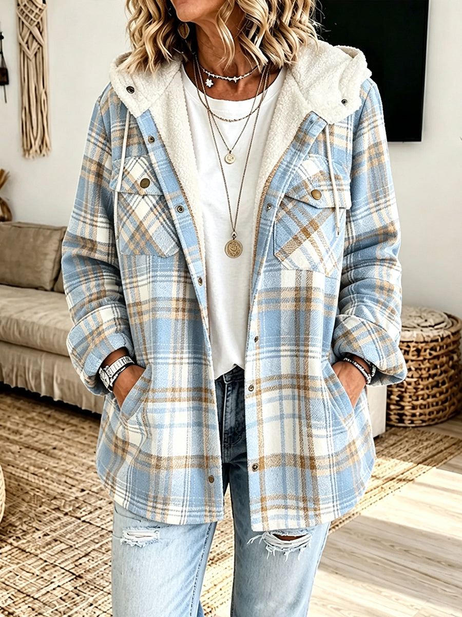 Casual Plaid Fleece Hooded Shacket