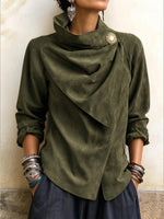Elegant Olive Green Suede Blouse With Asymmetrical Draped Neckline