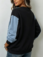 Chic Colorblock Sweatshirt With Raw-edge Denim Paneling