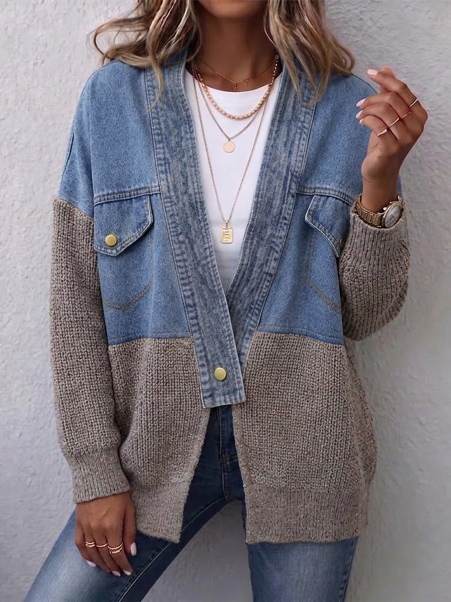 Relaxed, Laid-back Denim And Knit Patchwork Cardigan