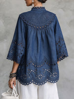 Boho Embroidered Eyelet Denim Blouse