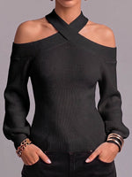 Women's Solid Color Halter Neck Off-shoulder Long-sleeved Knit Top