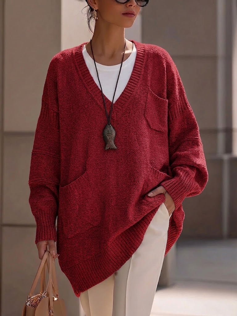 V‑neck Multi‑pocket Drop‑shoulder Oversized Knit Sweater