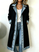 Casual Long-line Knit Cardigan With Denim And Ribbed Paneling