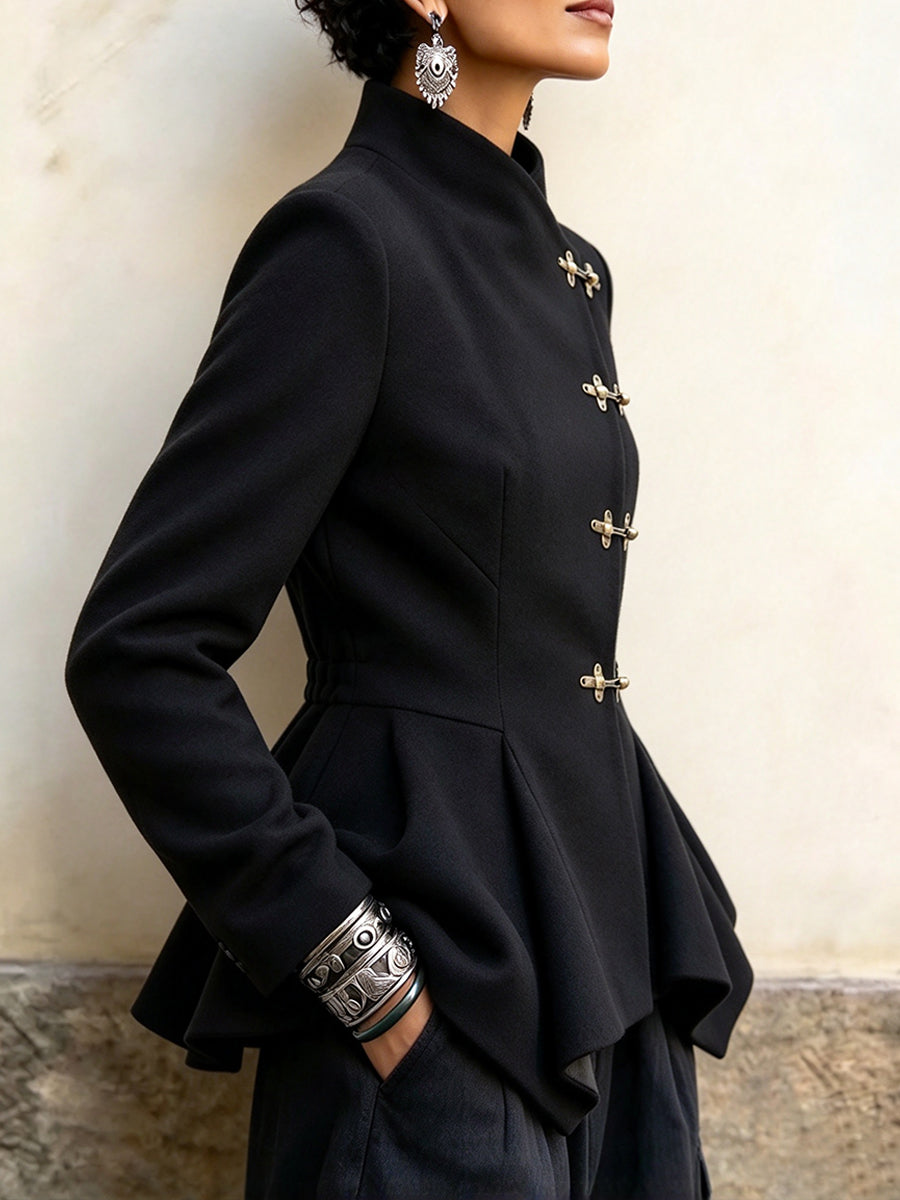 Casual, Slim-fit Jacket With A Stand Collar And A Ruffled Hem