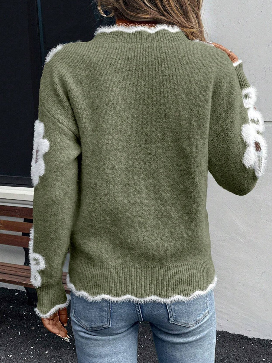 Cozy Floral Knit Scalloped V-Neck Sweater