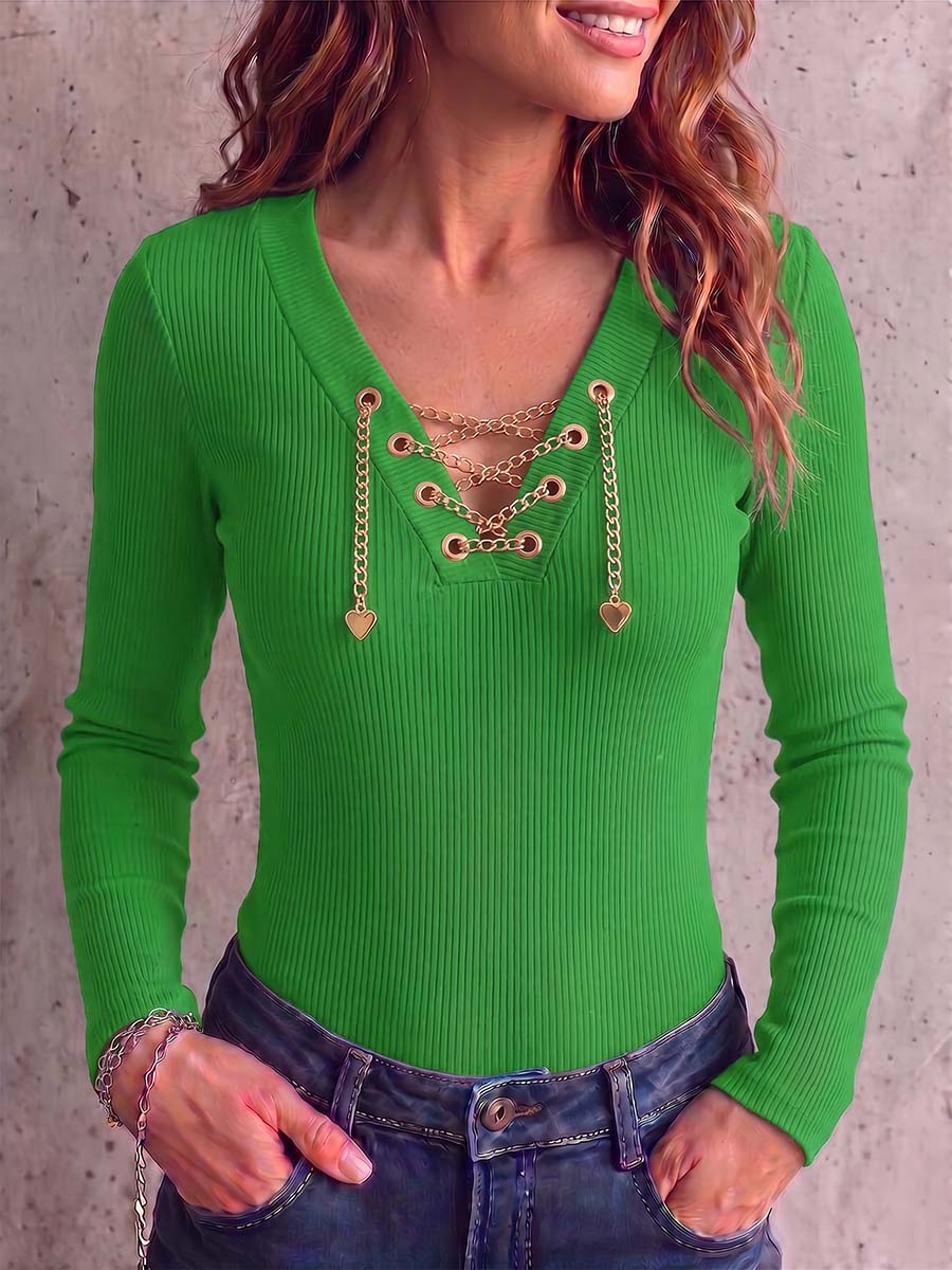 Women's Solid Color V-neck Long Sleeve Casual Loose Knitted Pullover