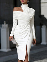 Women's Solid Color Stand Collar Off-shoulder Long Sleeve Casual Loose Bodycon Dress