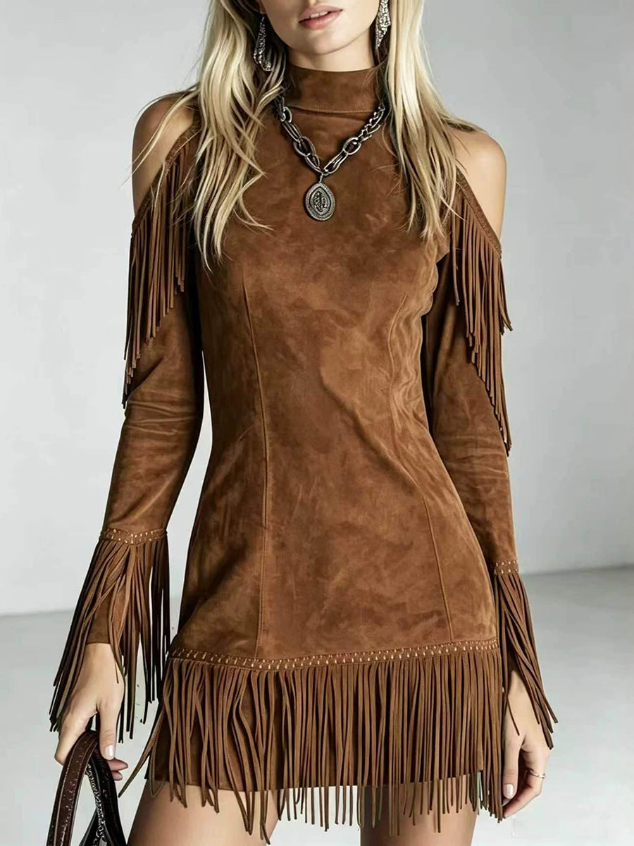 Striking Emerald Faux Suede Cold-Shoulder Fringe Dress