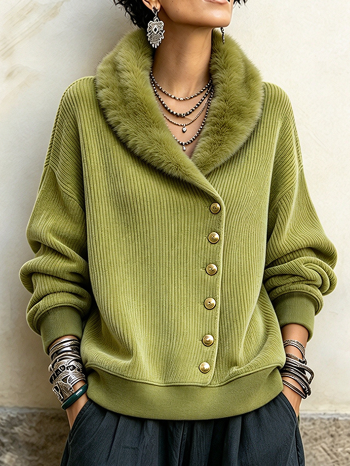 Casual Ribbed Corduroy Olive Green Top Sweatshirt