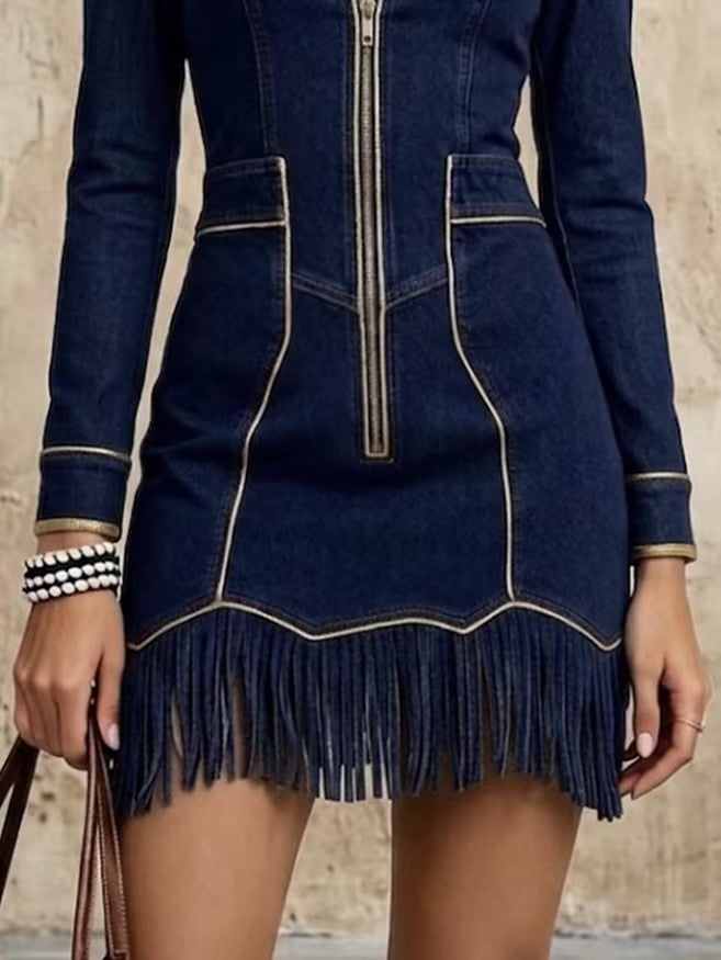Lapel Cut‑out Fringe Denim Mini Dress