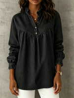Loose-fit Denim Shirt Featuring A Stand Collar With Lettuce-edge Trim, A Partial Button Placket, Front Shirring, And Long Sleeves With Ruffled, Cinched Cuffs