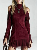 Striking Emerald Faux Suede Cold-Shoulder Fringe Dress