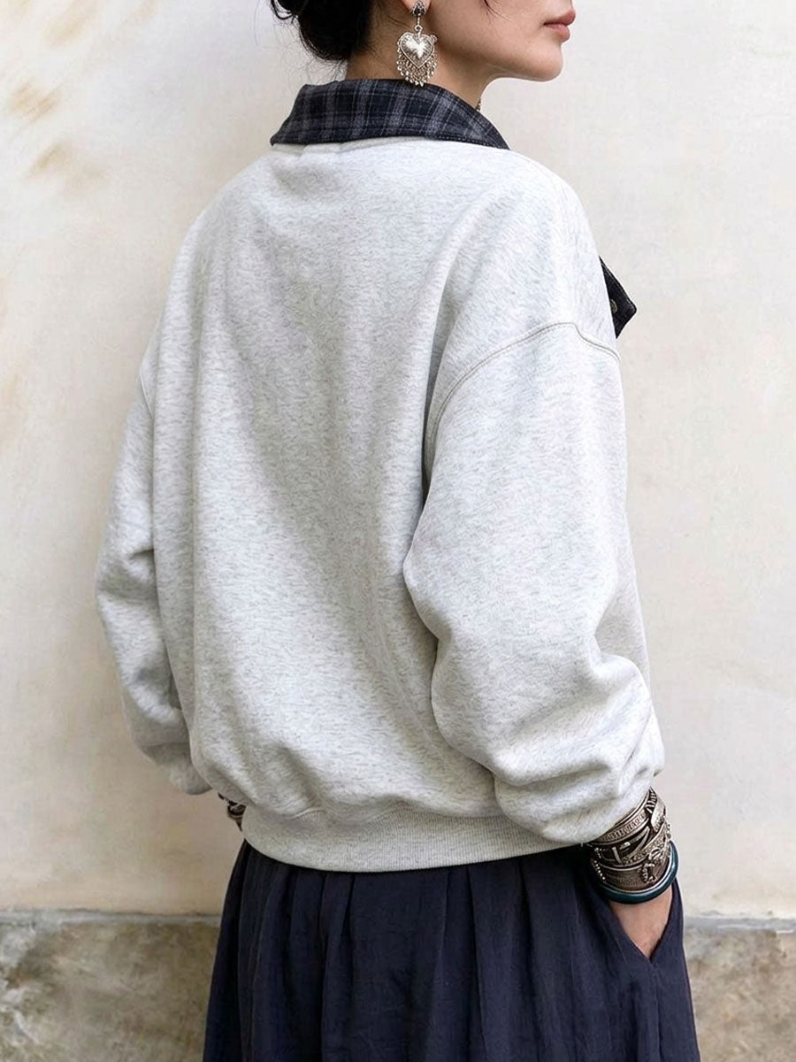 Women's Casual Grey Sweatshirt with Contrast Plaid Snap Collar