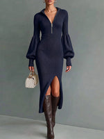 Women's Solid Color Stand Collar Long Sleeve Casual Slim Fit Bodycon Knit Dress
