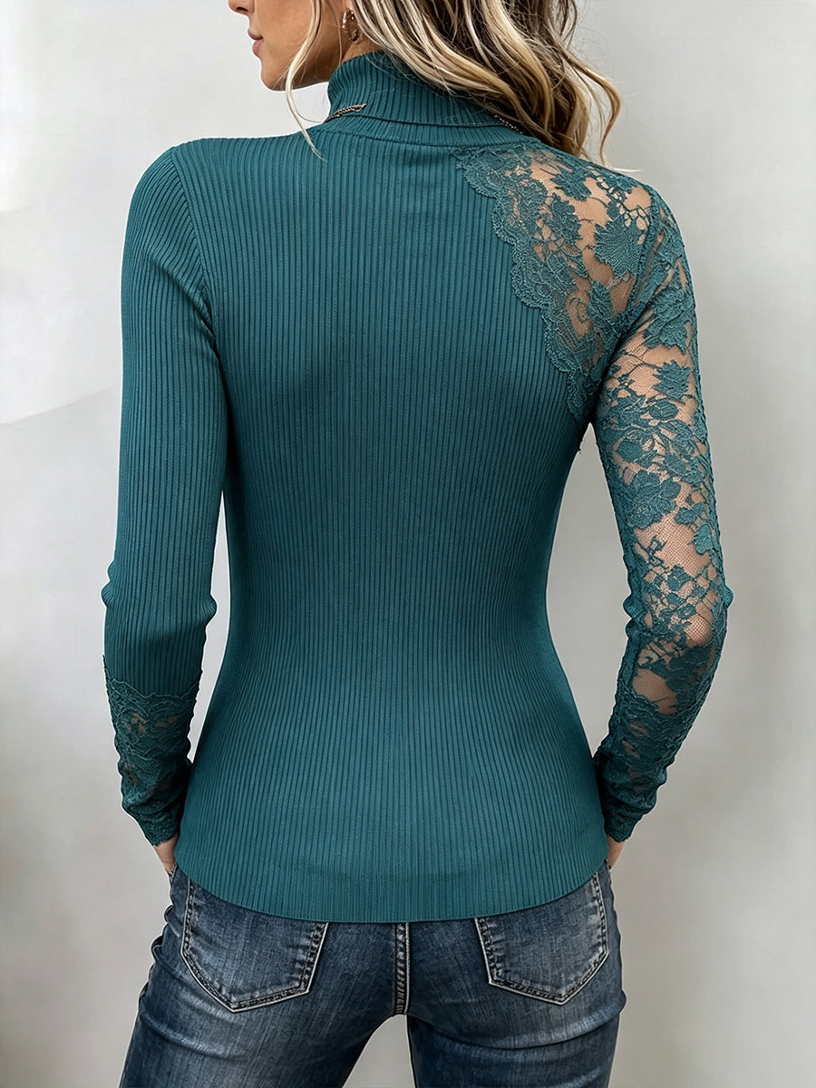 Chic Asymmetrical Lace & Ribbed Turtleneck Top