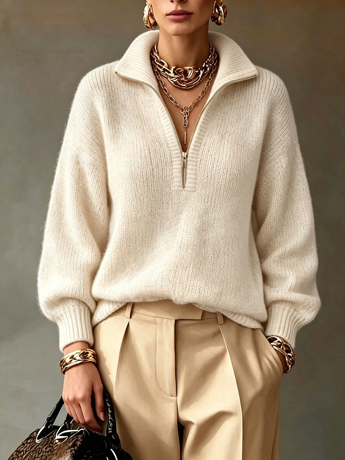 Half Zip Collar Relaxed Knit Sweater