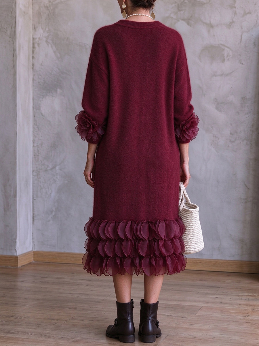 Chic Organza-Ruffle Knit Midi Dress