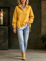 Relaxed Bright Yellow V-neck Stand Collar Sweatshirt