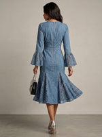 Stylish Denim Dress With Lace Paneling And Mermaid Hem