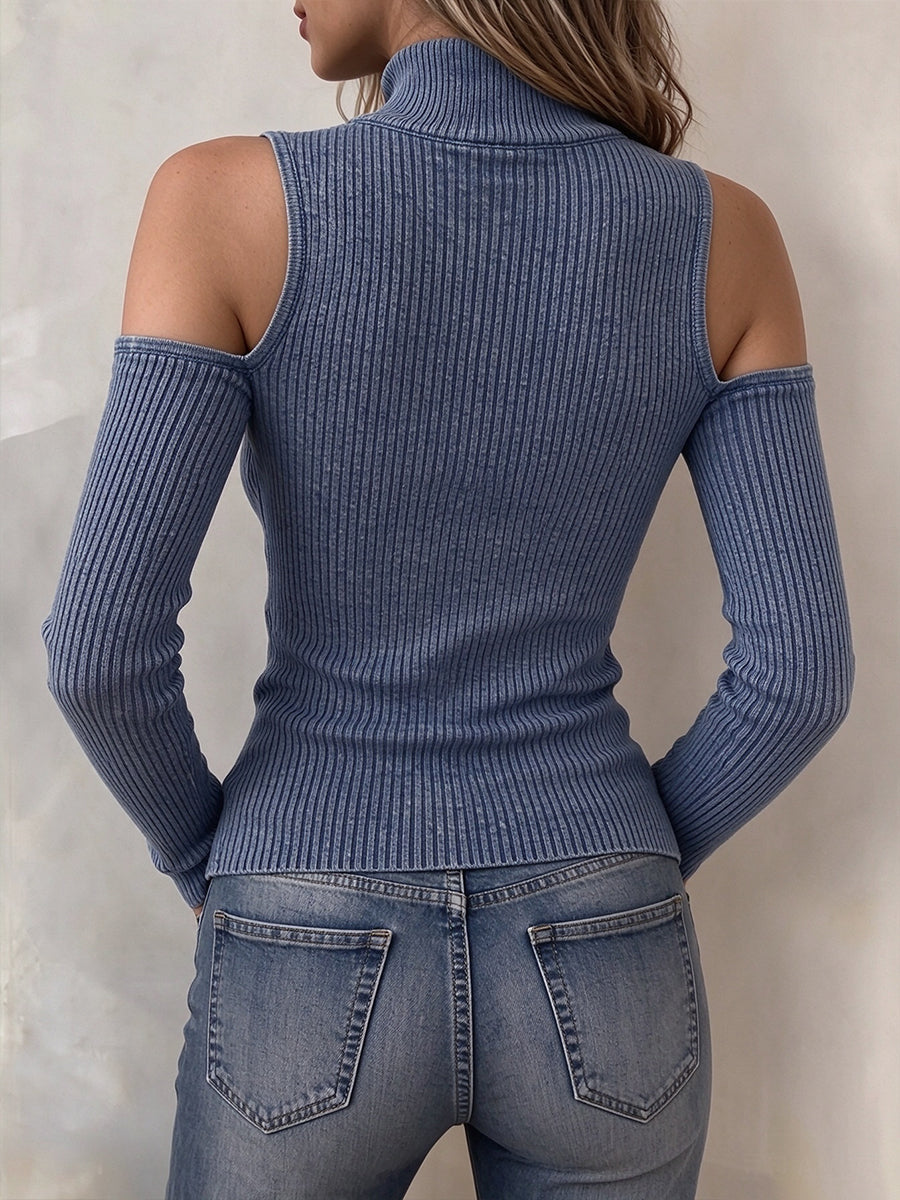 Chic Cold-Shoulder Full-Zip Ribbed Washed Knit Top