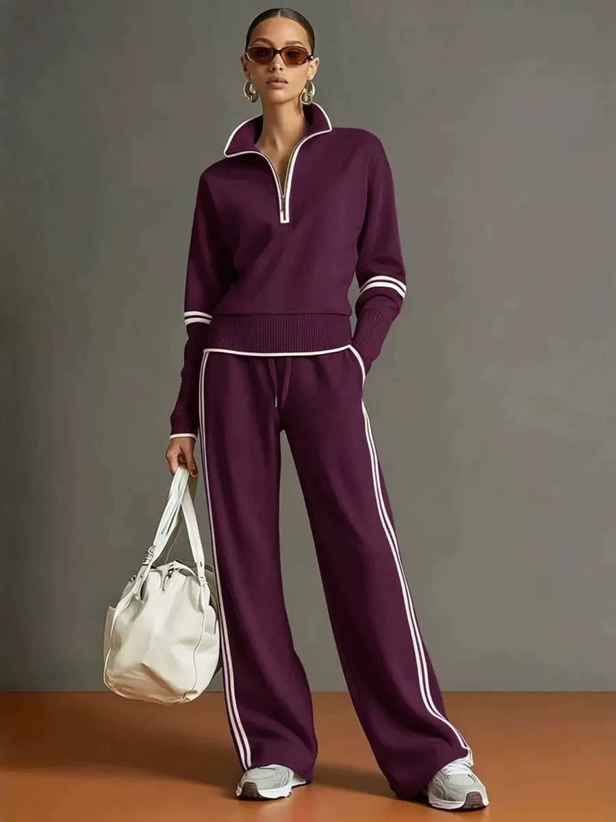 Casual Two-piece Set Featuring A Half-zip Cotton Sweatshirt And Pants With Color-block Piping.