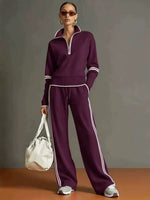 Casual Two-piece Set Featuring A Half-zip Cotton Sweatshirt And Pants With Color-block Piping.
